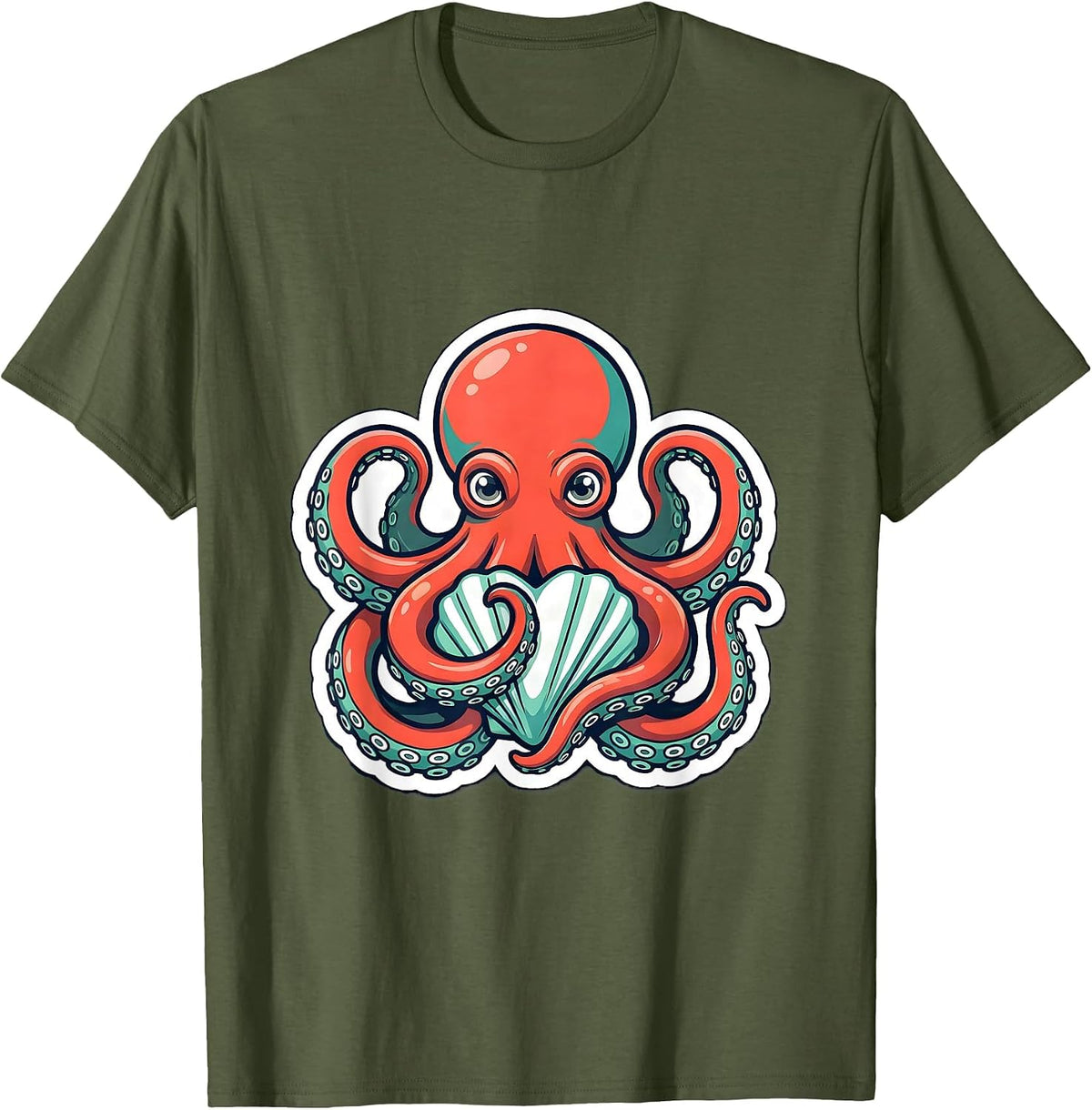 Octopus Heart Shell Embrace Cute Sea Creature Lover T-Shirt - Olive Green