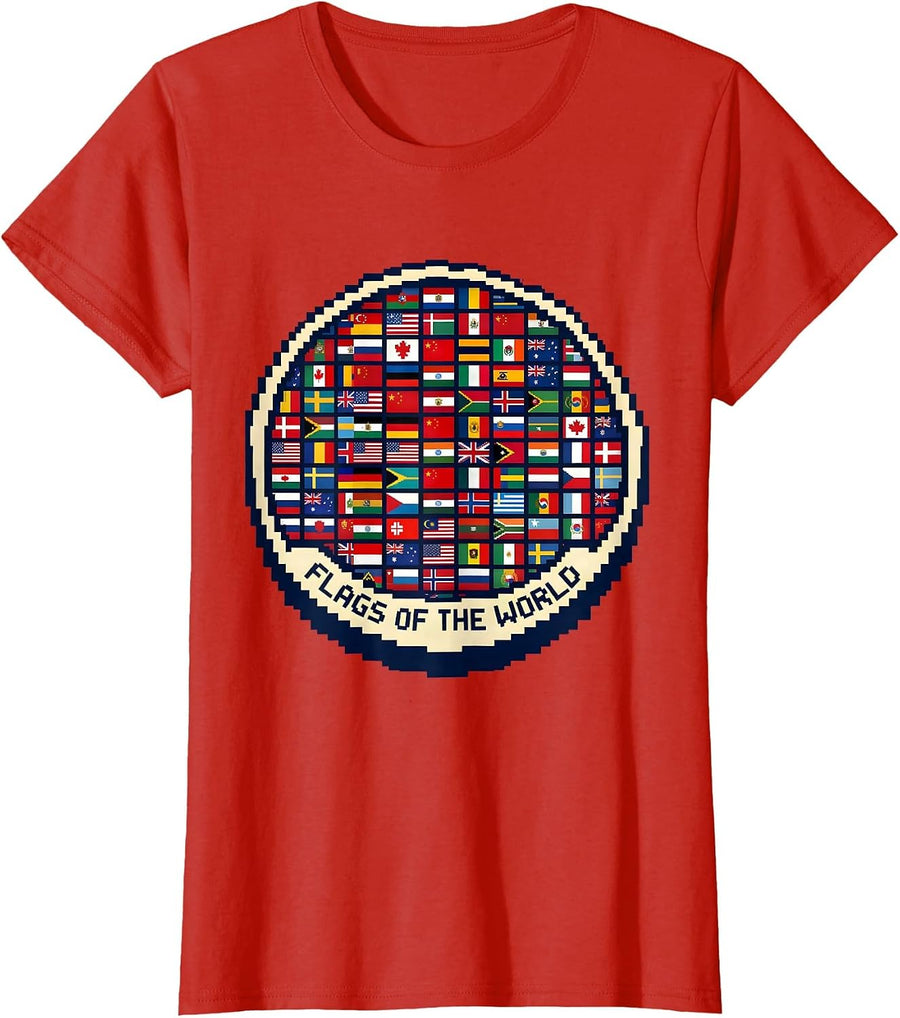 Women's Flags Of The World Pixel Art Geography Lover Gift T-Shirt - Red