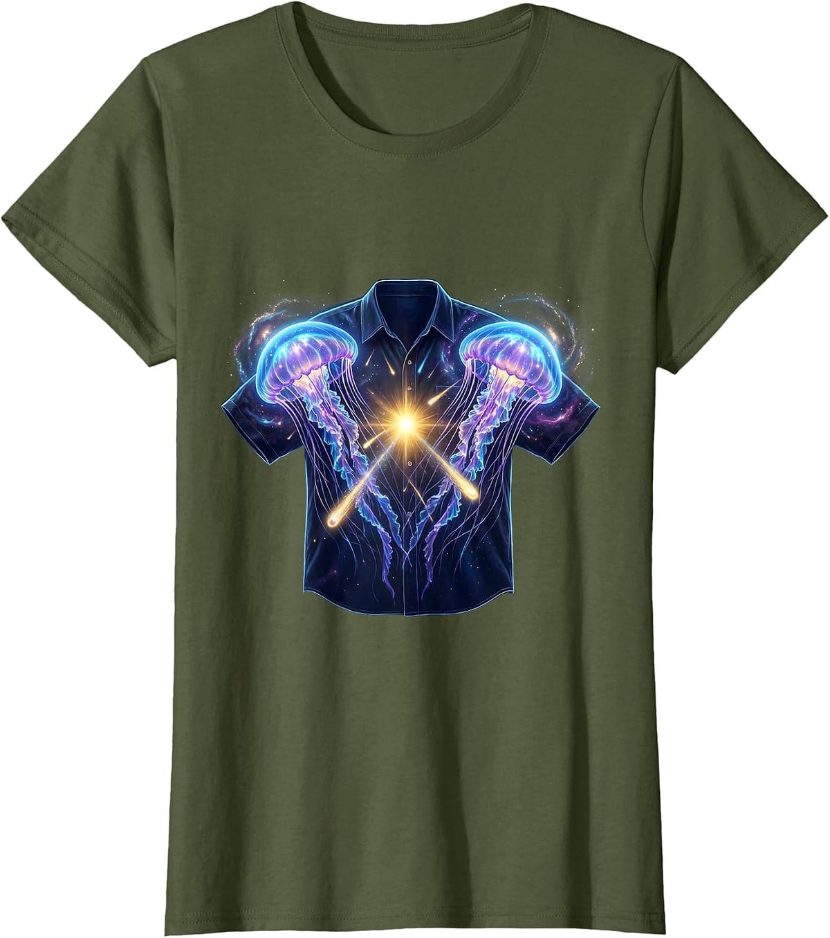 Women's Celestial Jellyfish Cosmic Matching Halloween Couple T-Shirt - Olive Green