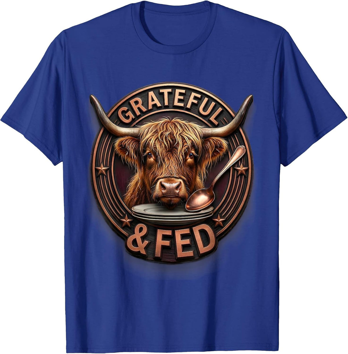 Men's Highland Cow Head Warm Copper Spoon Cute Thanksgiving T-Shirt - Royal Blue