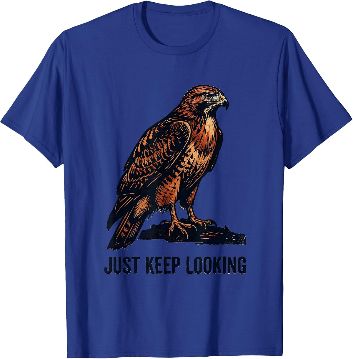 Just Keep Looking Birdwatcher Linocut Bird ID Humor T-Shirt - Royal Blue