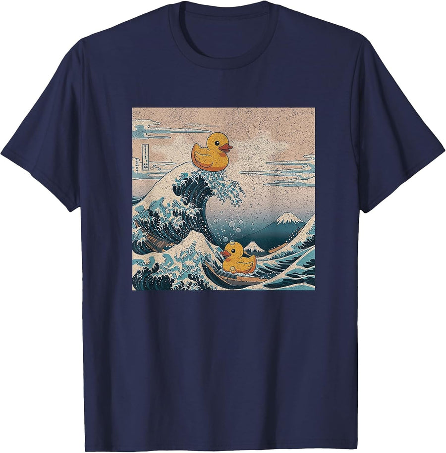 Great Wave with Rubber Ducks Funny Japanese Art Parod T-Shirt - Navy Blue