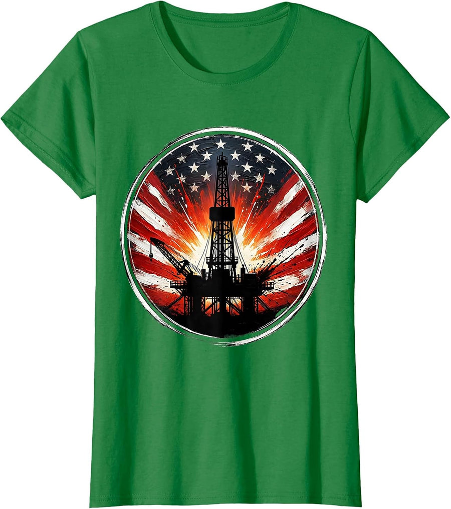 Women's Oil Rig Sunset Silhouette Graphic Design T-Shirt - Kelly Green