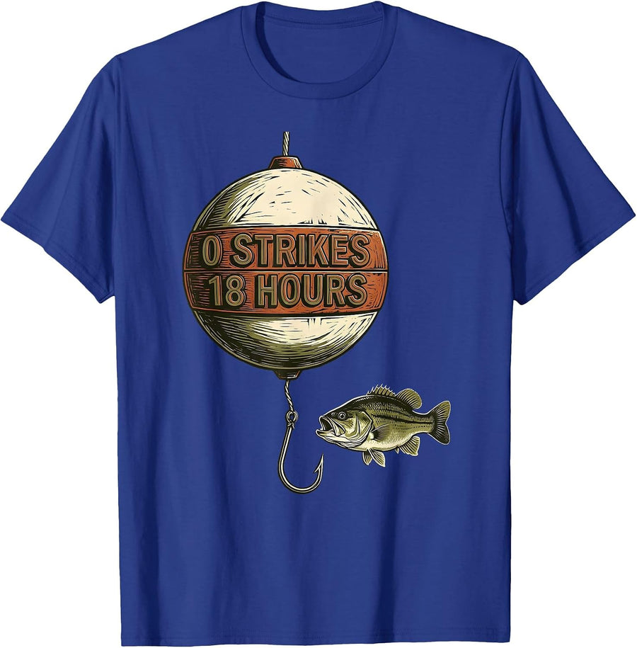 0 Strikes 18 Hours Funny Bass Fishing Linocut Angler Humor T-Shirt - Royal Blue