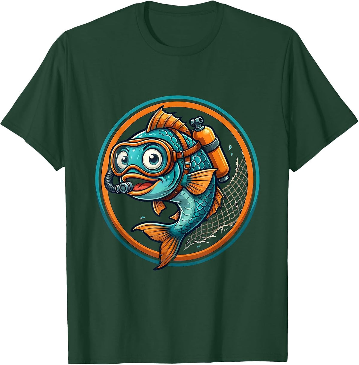 Funny Fish Scuba Diver Escaping Net Illustration T-Shirt - Dark Green