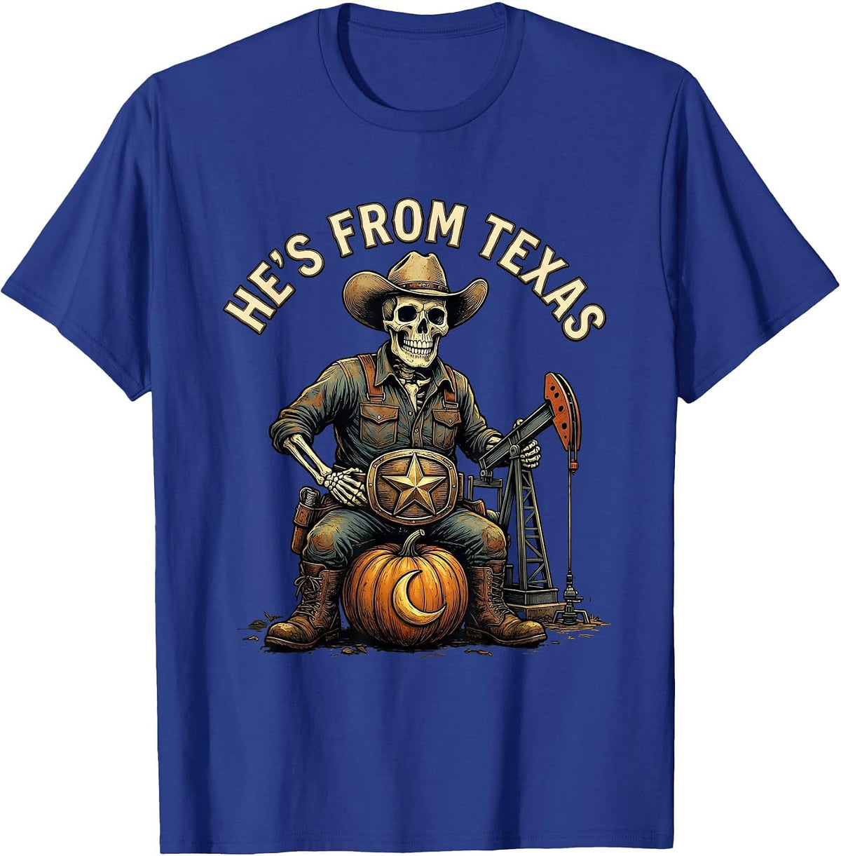 Men's He's From Texas Funny Skeleton Cowboy Halloween Horror T-Shirt - Royal Blue