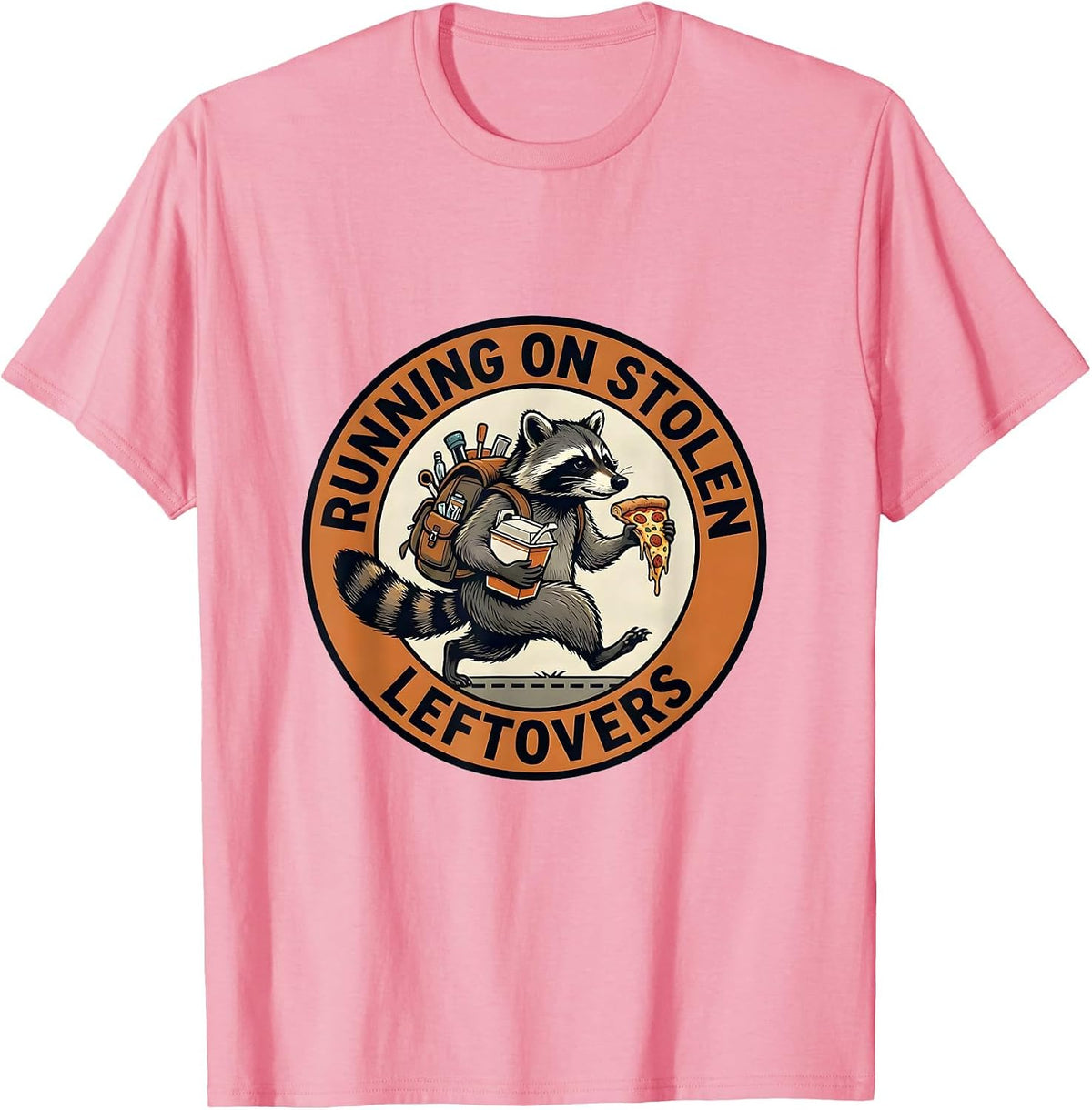 Men's Running on Stolen Leftovers Raccoon Design T-Shirt - Pink