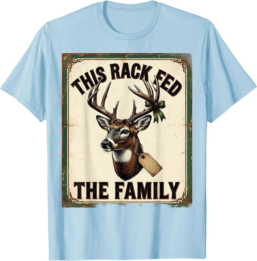Men's This Rack Fed The Family Vintage Funny Deer Hunter Christmas T-Shirt - Baby Blue