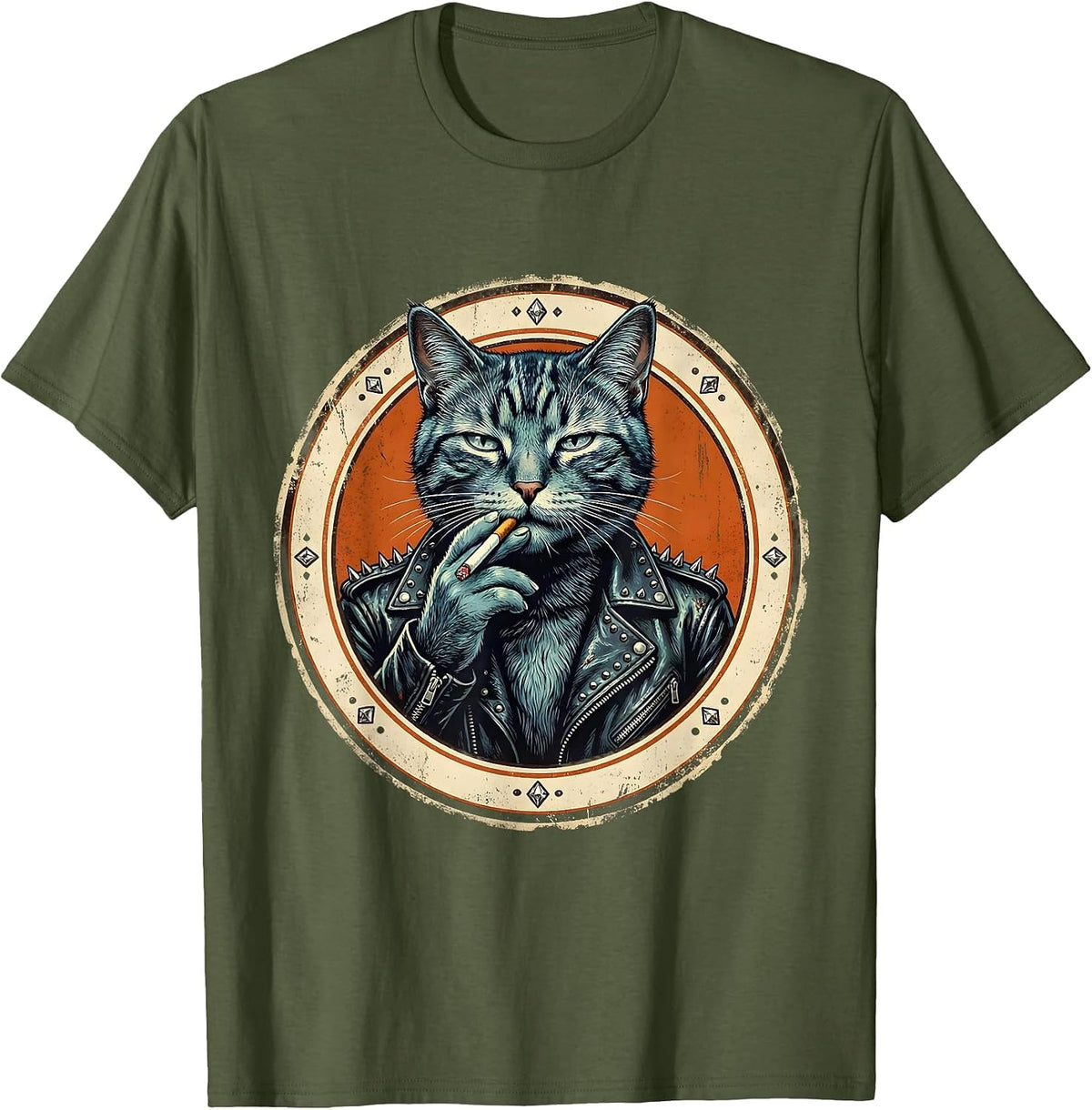 Cool Cat in Leather Jacket Smoking Illustration T-Shirt - Olive Green