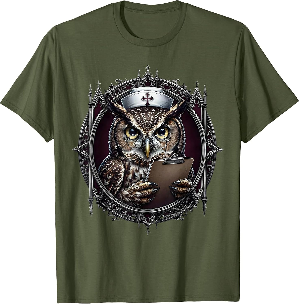 Men's Nurse Owl Halloween Costume Glasses Clipboard T-Shirt - Olive Green