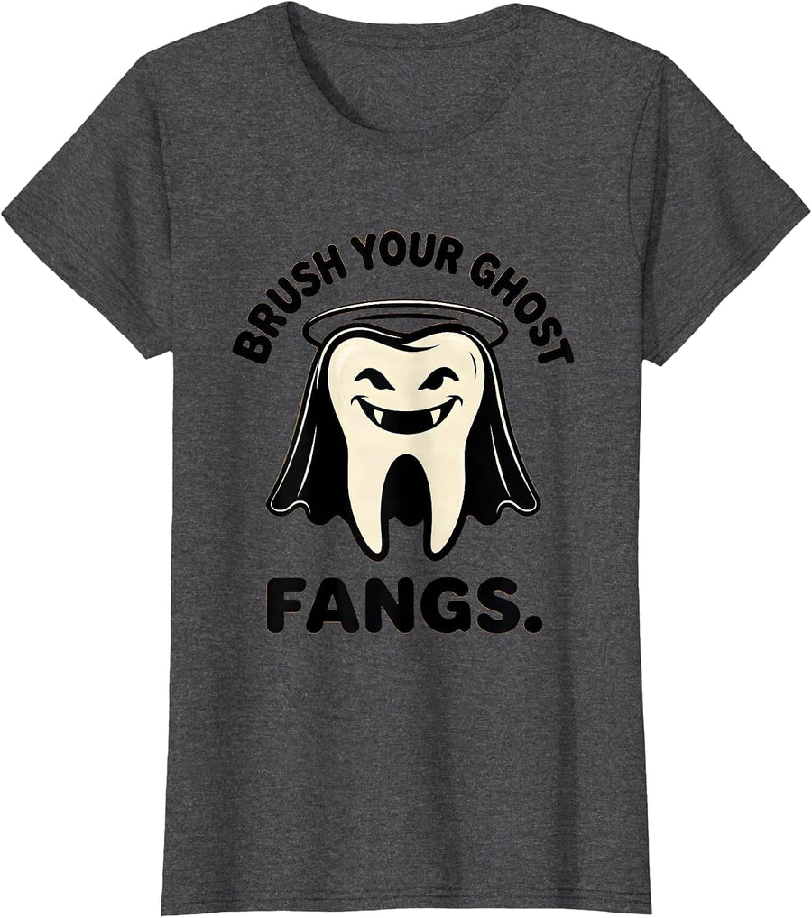 Women's Brush Your Ghost Fangs Funny Dental Hygienist Halloween T-Shirt - Dark Heather Grey