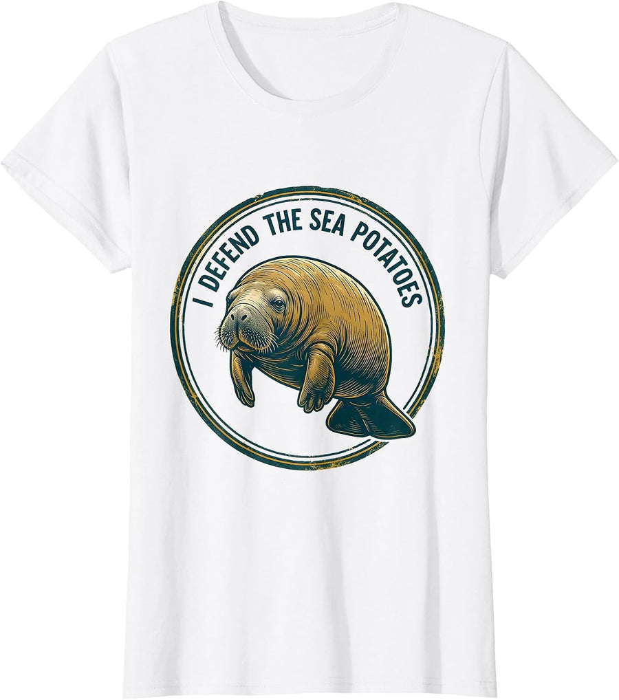 Women's I Defend The Sea Potatoes Funny Manatee Lover Affinity Humor T-Shirt - White
