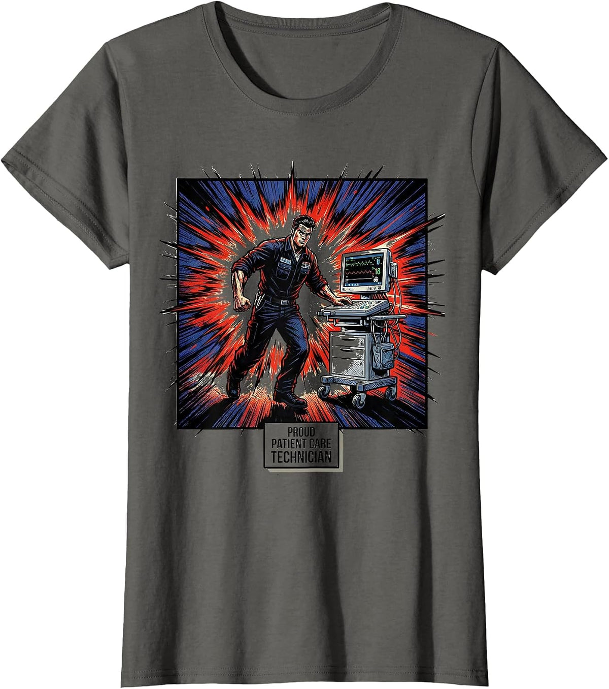 Women's Proud Patient Care Technician Comic Book PCT Workwear T-Shirt - Asphalt Grey