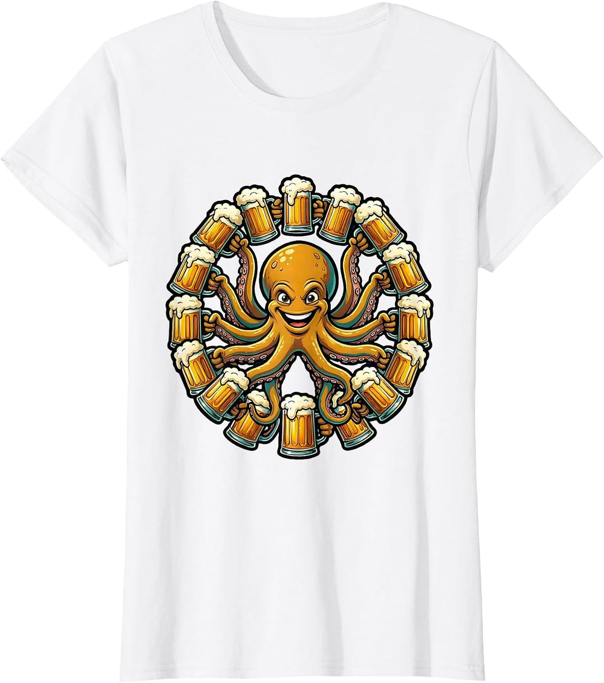 Octopus Beer Mug Holder Funny Drinking Design T-Shirt - White