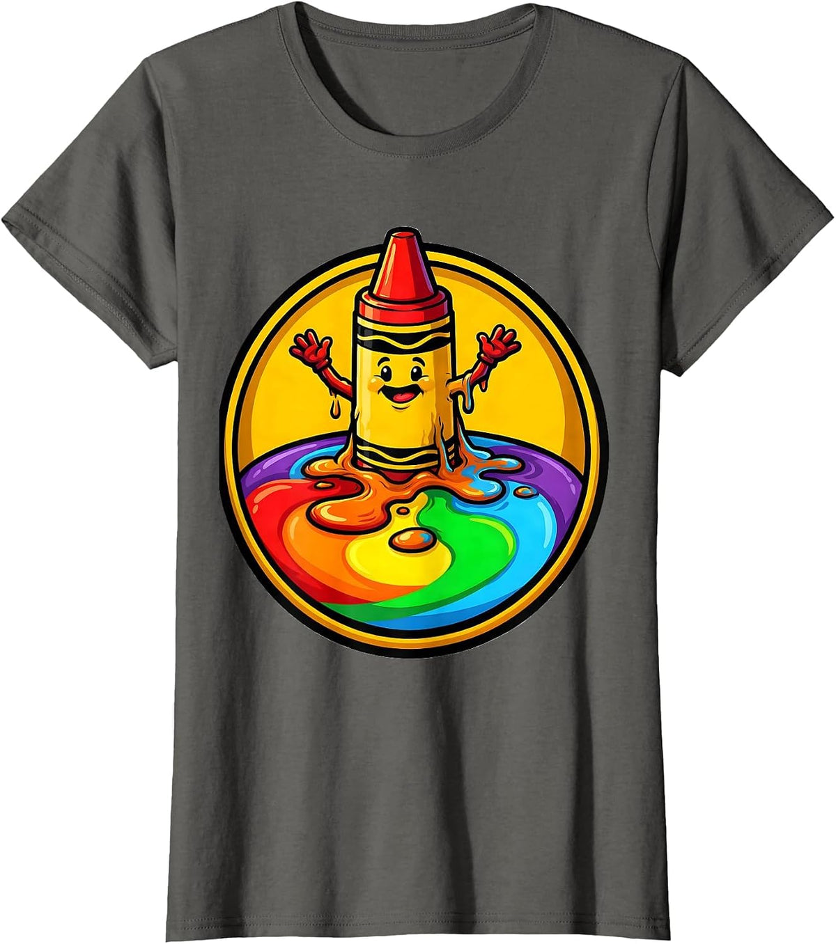 Women's Third Grade Teacher Melting Crayon Rainbow Art T-Shirt - Asphalt Grey