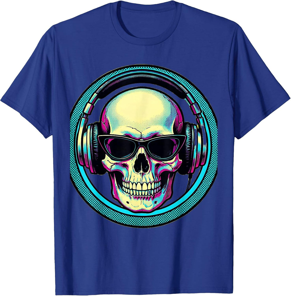 Skull Vintage Headphones Sunglasses Band Graphic T-Shirt - Royal Blue