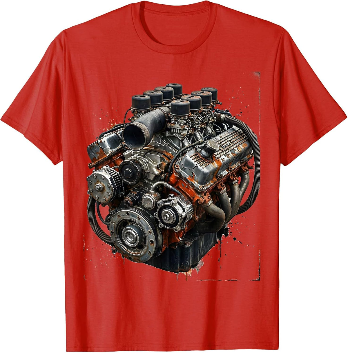Men's Vintage Engine Block Chrome Detail Illustration T-Shirt - Red