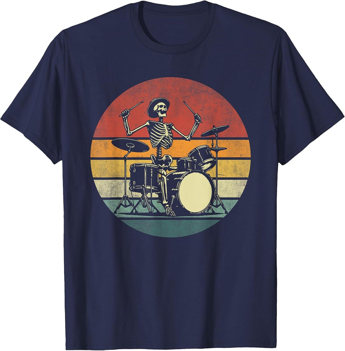 Retro Drummer Rock Skeleton Drummer Skeleton Playing Drum T-Shirt - Navy Blue
