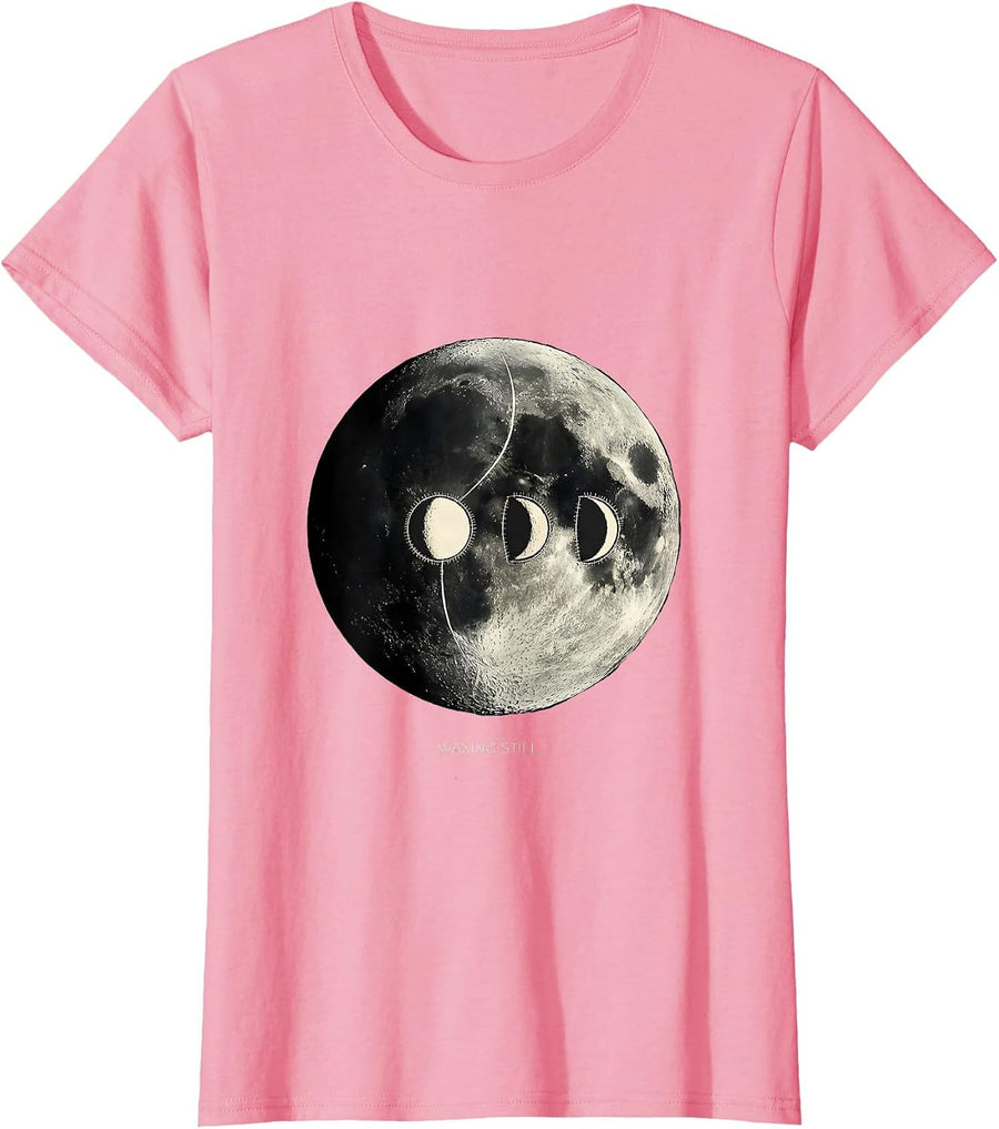 Women's Waxing Still Monochrome Lunar Cycle Astrology Science T-Shirt - Pink