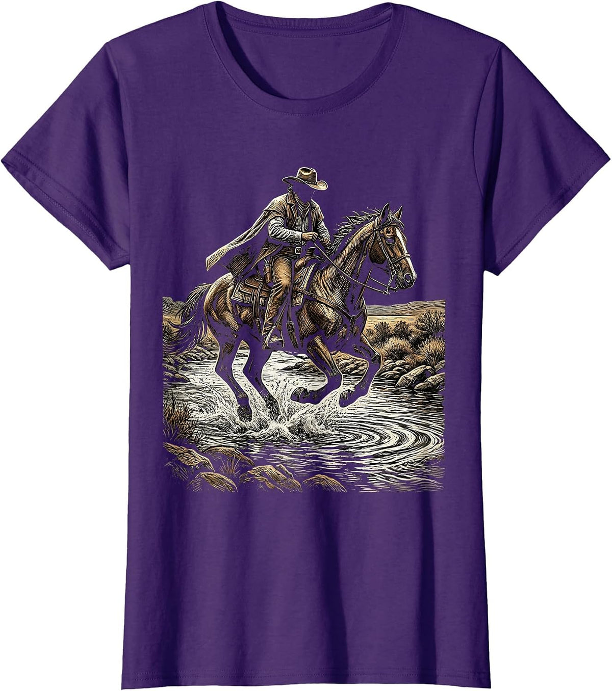 Women's Cowboy Riding Horse Through River Crossing T-Shirt - Purple
