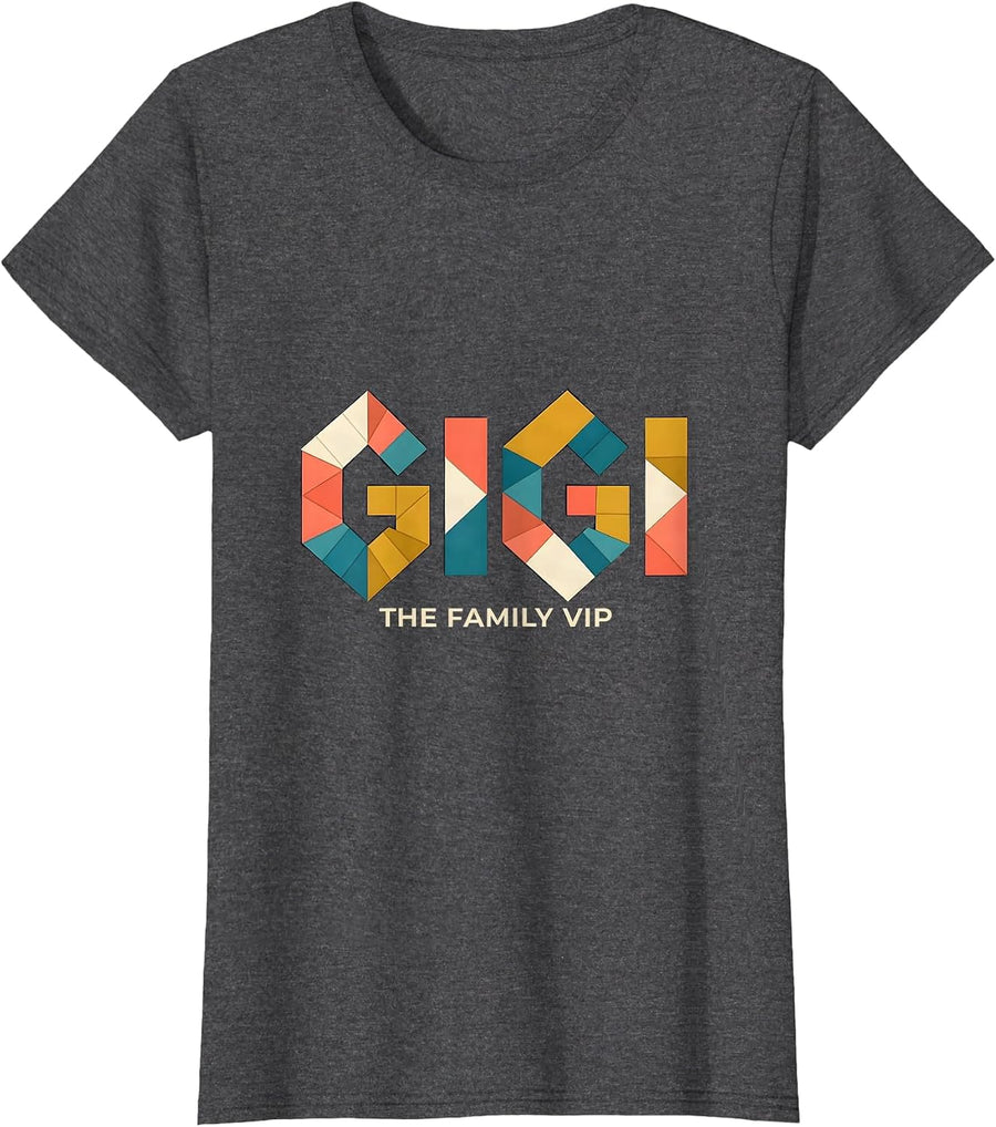 Women's I'm Gigi The Family VIP Quilt Block Patchwork Grandma Humor T-Shirt - Dark Heather Grey