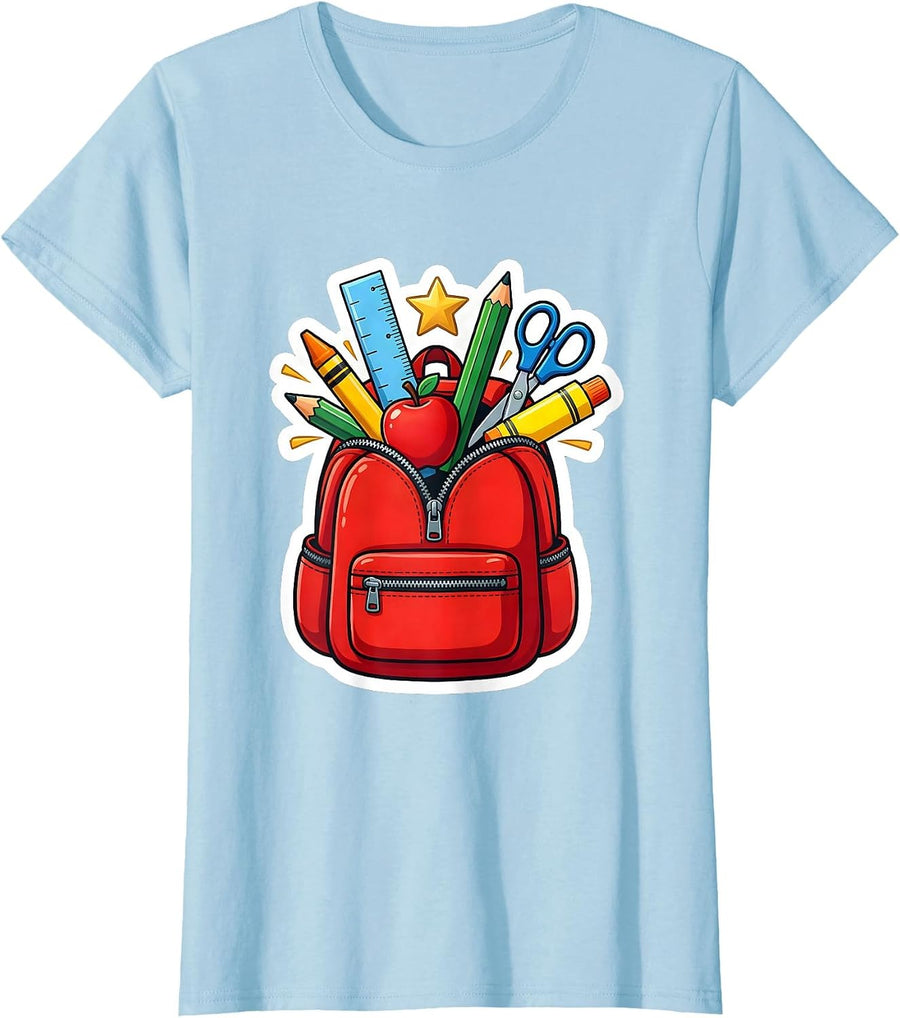 Women's First Grade Teacher Overstuffed Backpack Graphic T-Shirt - Baby Blue
