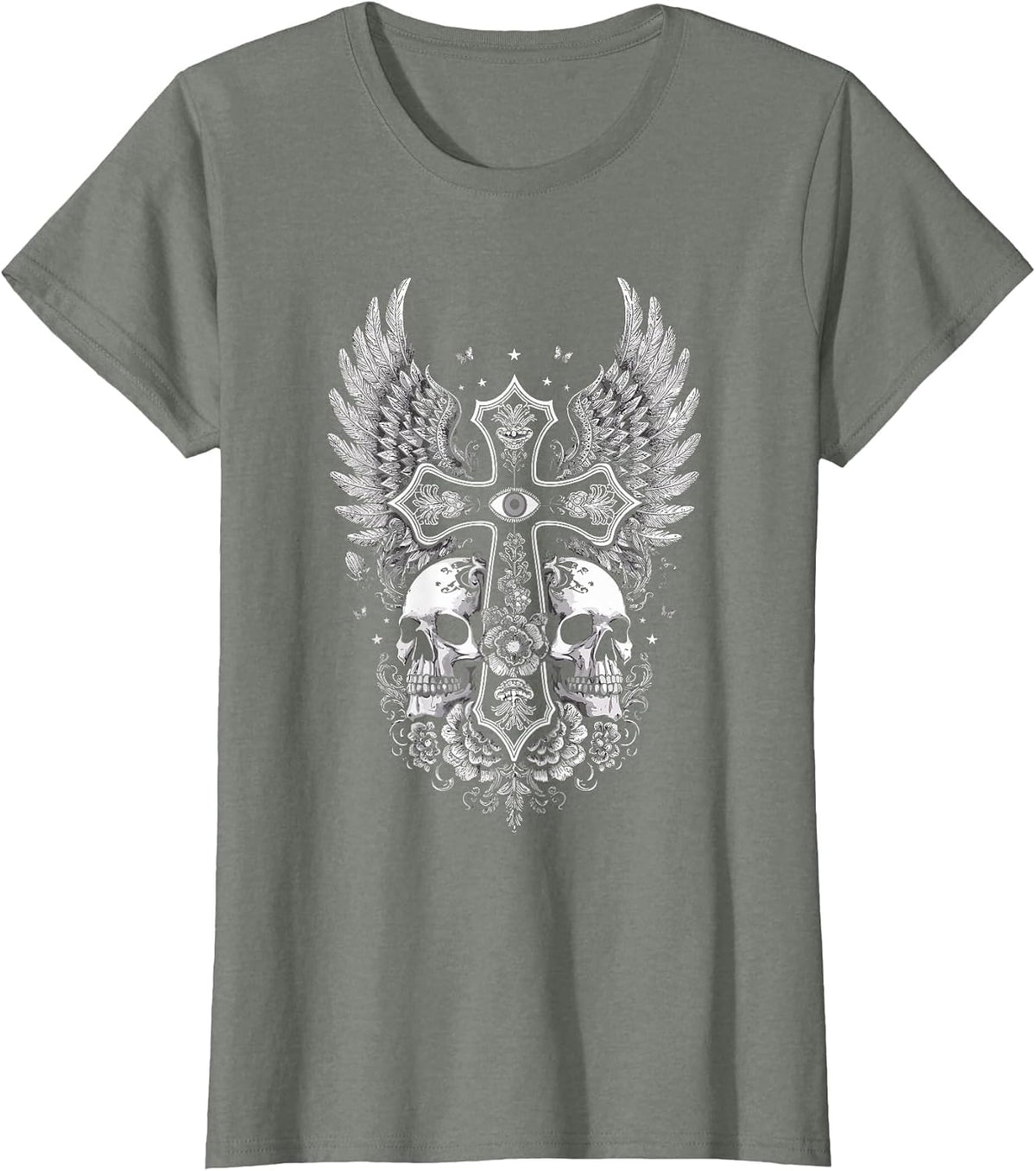 Emo Y2K Grunge Aesthetic Alt Goth Skull Cross Gothic T-Shirt - Olive Heather