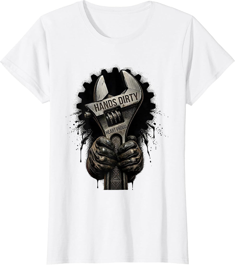 Women's Hands Dirty Heart Proud Pit Crew Racing Design T-Shirt - White