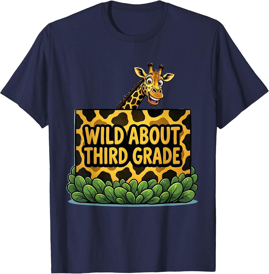 Wild About Third Grade Cartoon Teacher Student Animal Print T-Shirt - Navy Blue