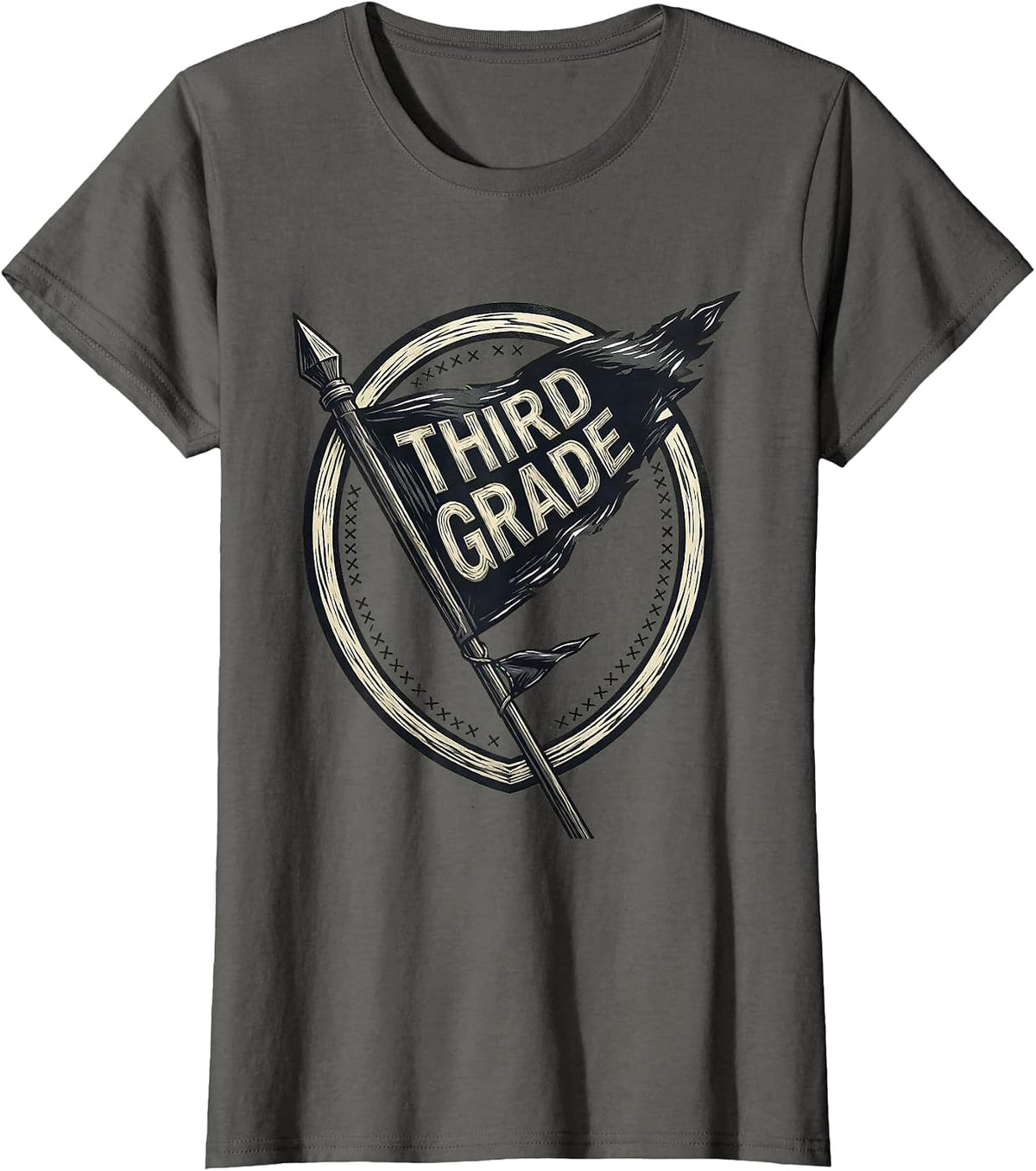 Women's Third Grade Linocut Shield Pennant Back to School Teacher T-Shirt - Asphalt Grey