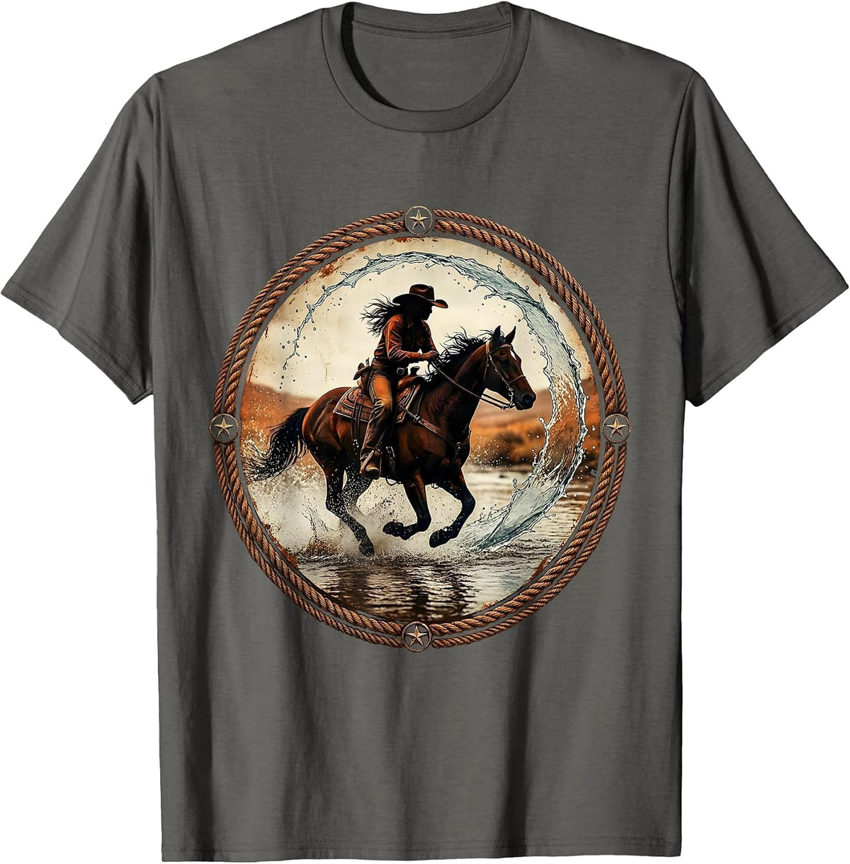 Cowgirl Riding Horse Through River Splash T-Shirt - Asphalt Grey