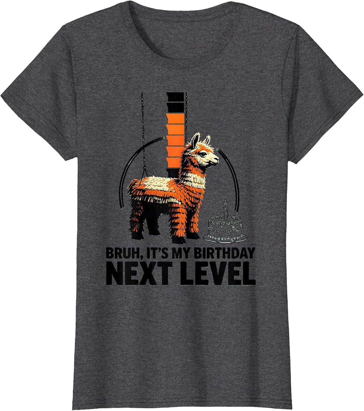 Women's Bruh It's My Birthday Next Level Funny Llama Pinata Gamer T-Shirt - Dark Heather Grey