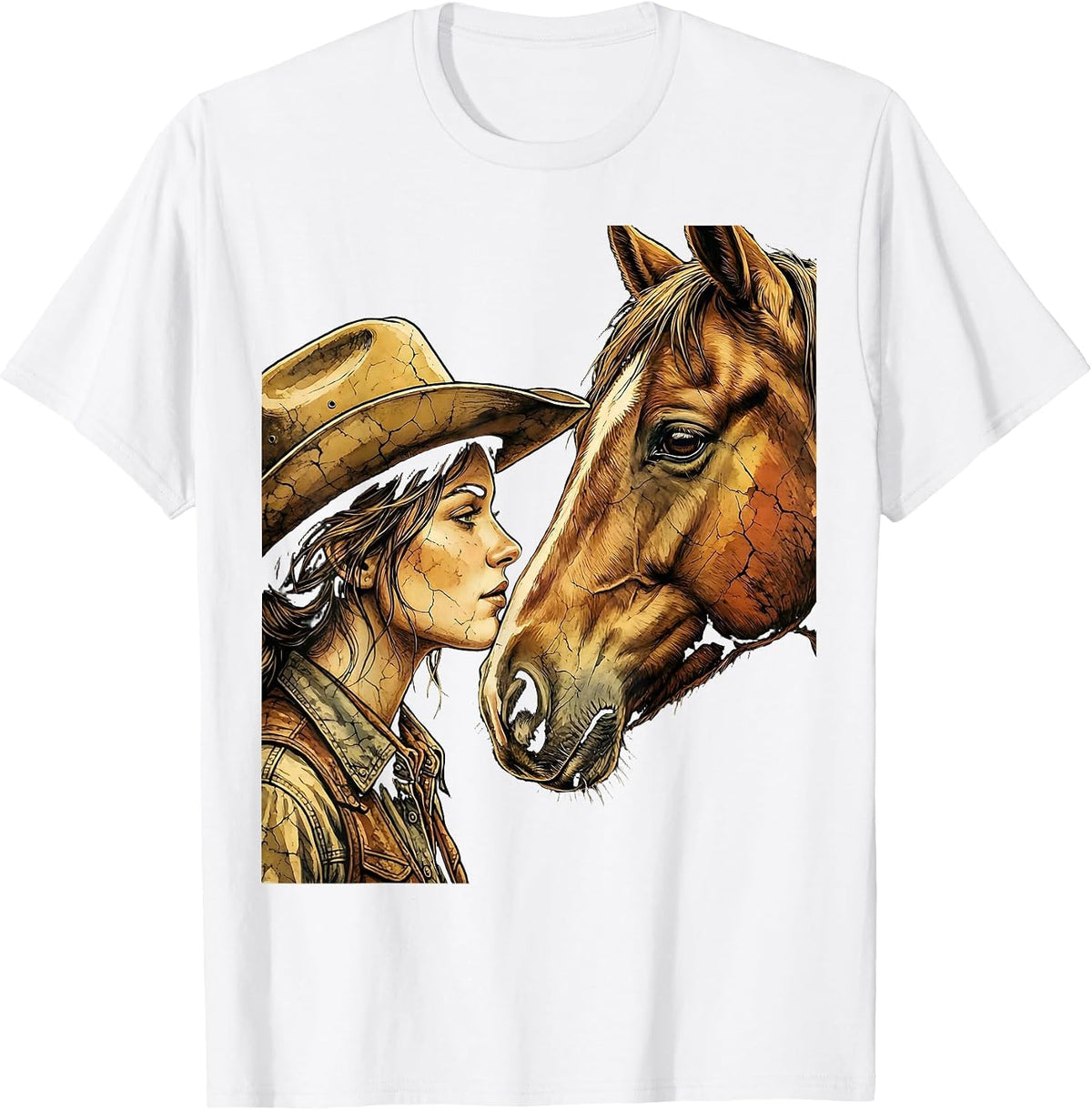 Cowgirl and Horse Nose-to-Nose Portrait Graphic T-Shirt - White