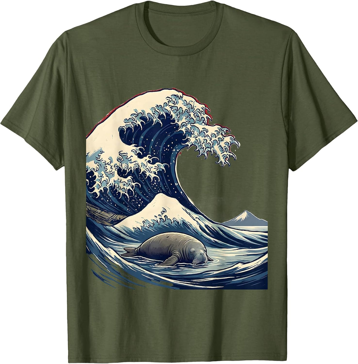 Men's Great Wave Manatee Japanese Art Animal Meme Humor T-Shirt - Olive Green
