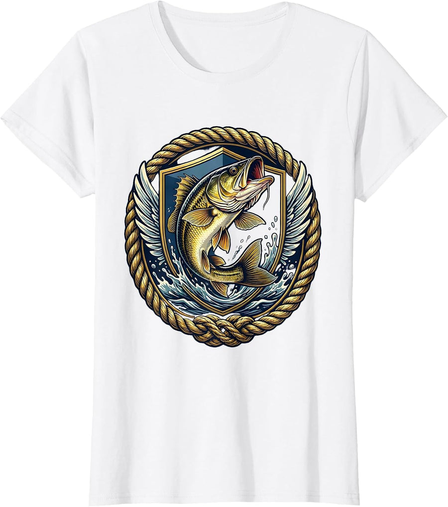 Women's Bass Fish Crashing Through Water Surface Design T-Shirt - White