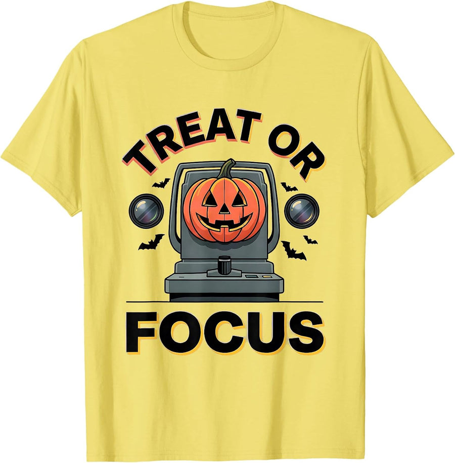 Men's Treat or Focus Funny Optometrist Halloween Eye Doctor T-Shirt - Lemon Yellow