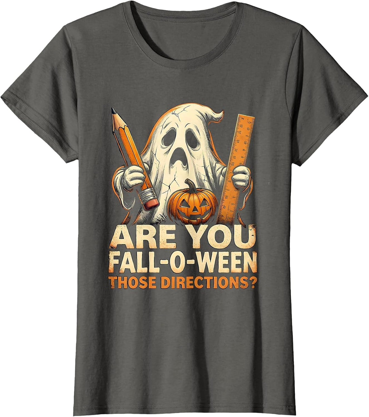 Women's Are You Fall-O-Ween Those Directions Distressed Teacher T-Shirt - Asphalt Grey