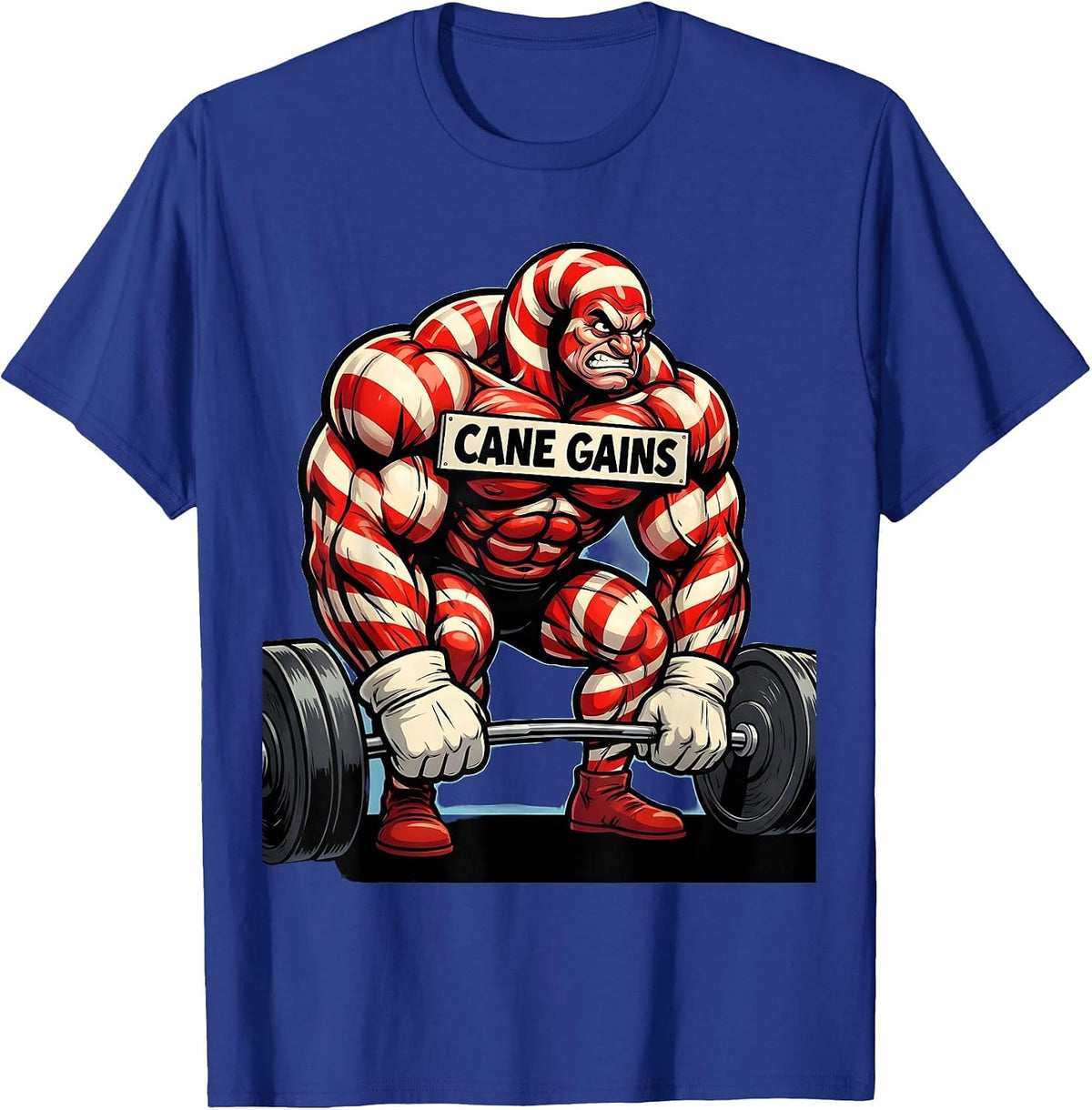 Cane Gains Funny Christmas Gym Bodybuilding Weightlifting T-Shirt - Royal Blue