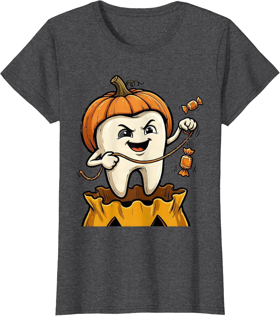 Women's Smiling Tooth Halloween Dentist Dental Humor Costume T-Shirt - Dark Heather Grey