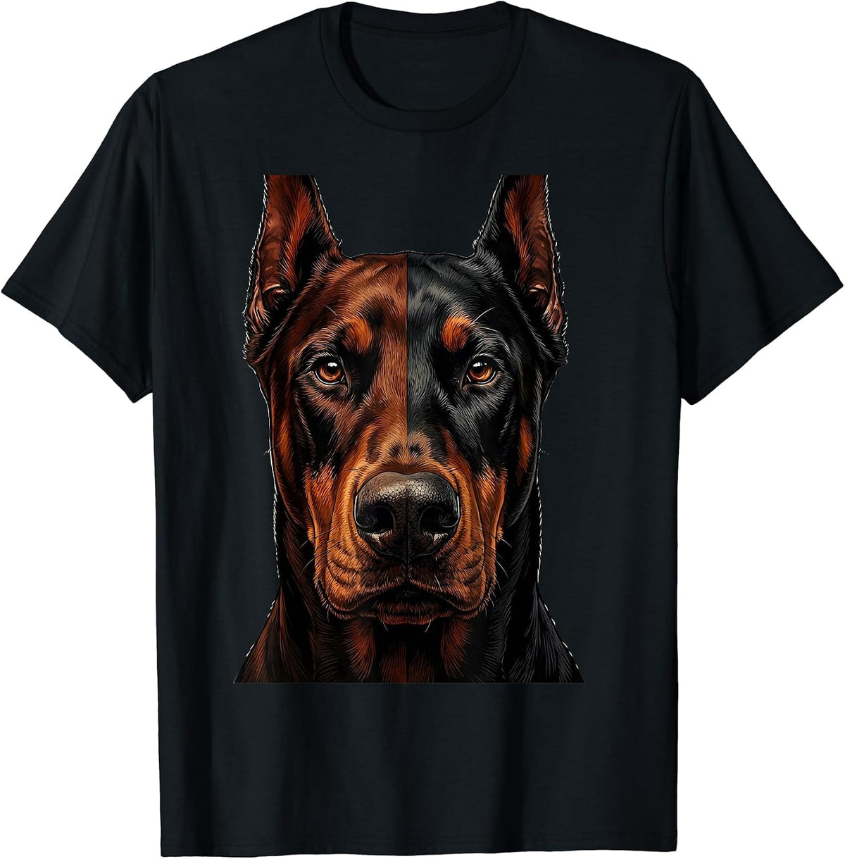 Men's Doberman Face Split Two-Tone Graphic Design T-Shirt - Black