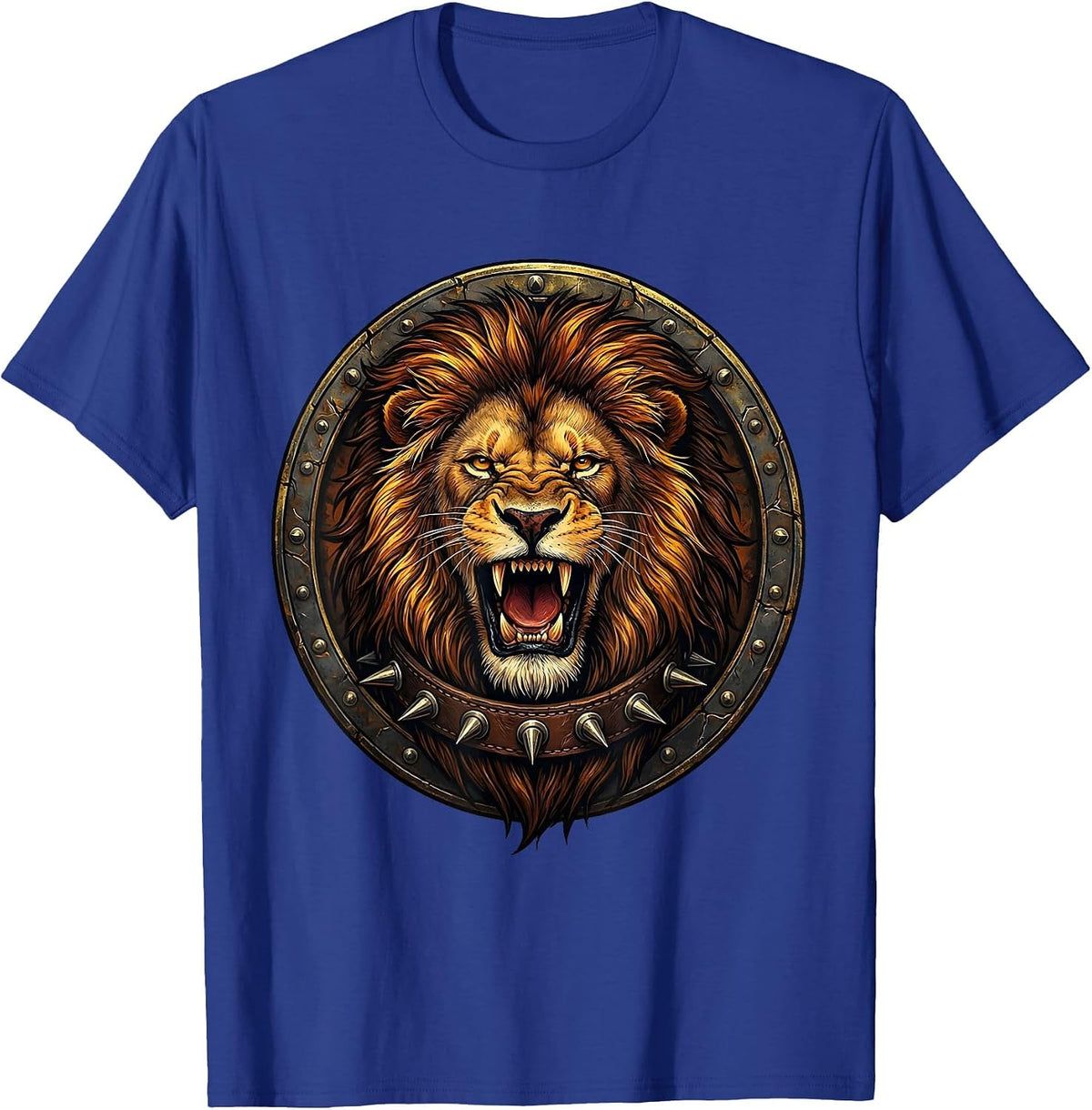 Roaring Lion Spiked Collar Rock Band Graphic T-Shirt - Royal Blue