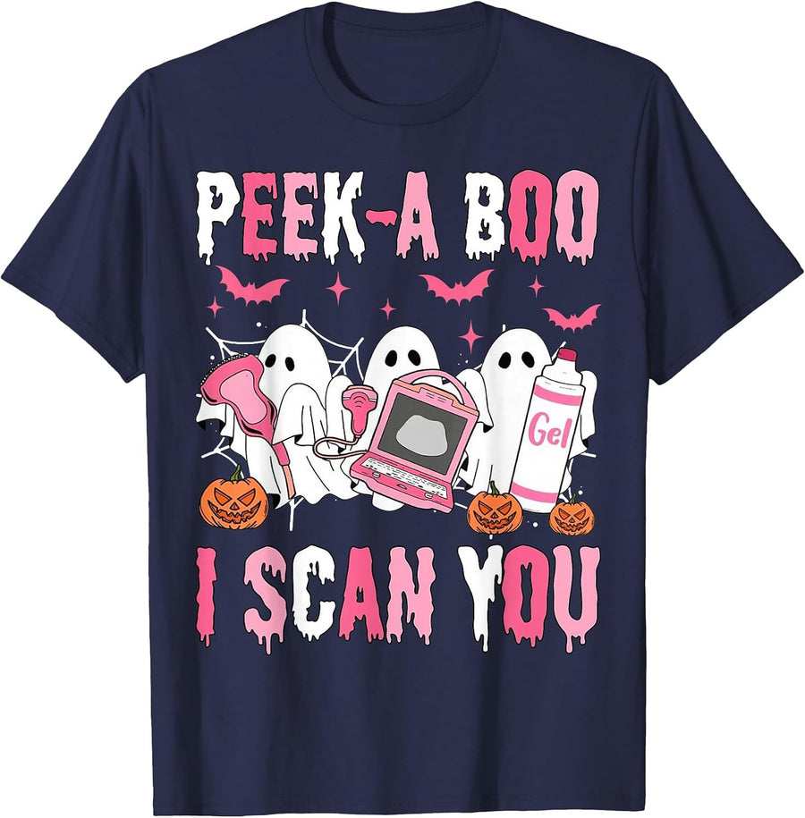 Peek A Boo I Scan You Spooky Sonographer Ultrasound Tech T-Shirt - Navy Blue