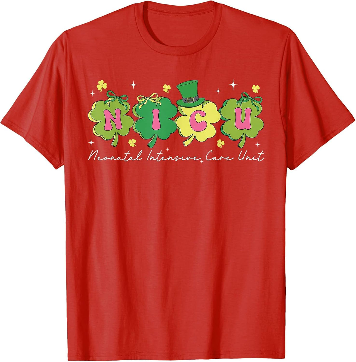 Happy St Patrick's Day Retro Shamrock NICU Nurse Nursing T-Shirt - Red