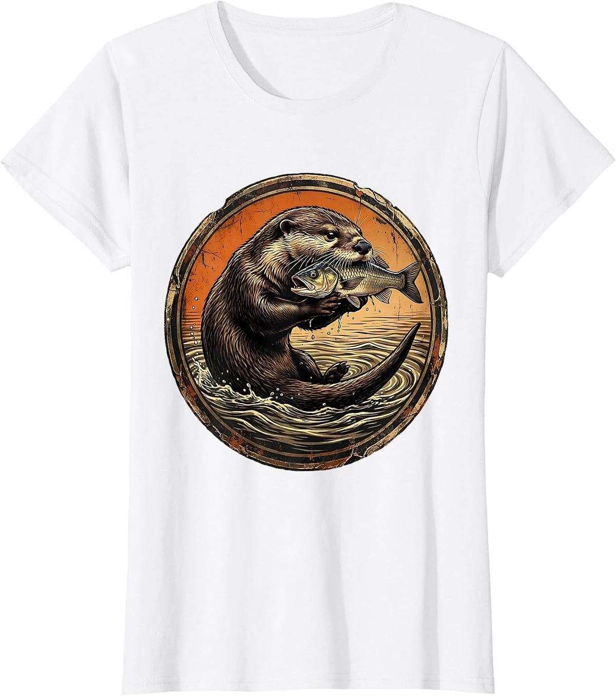 Venezuela Giant River Otter With Fish Illustration T-Shirt - White