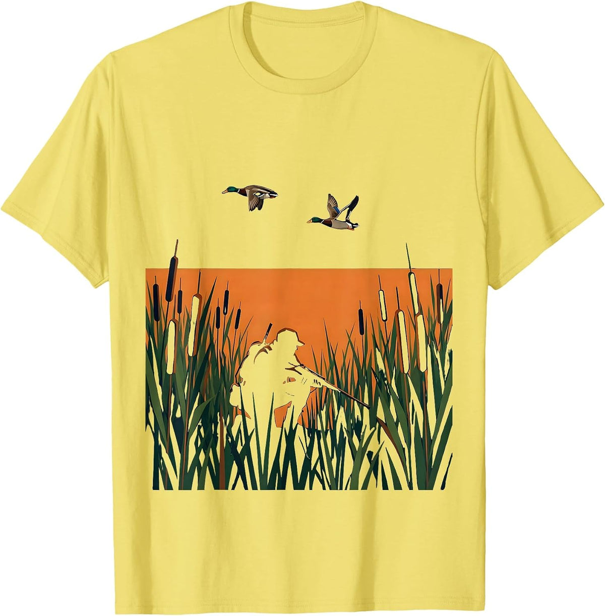 Men's Duck Hunter in the Reeds Hunting Illustration T-Shirt - Lemon Yellow