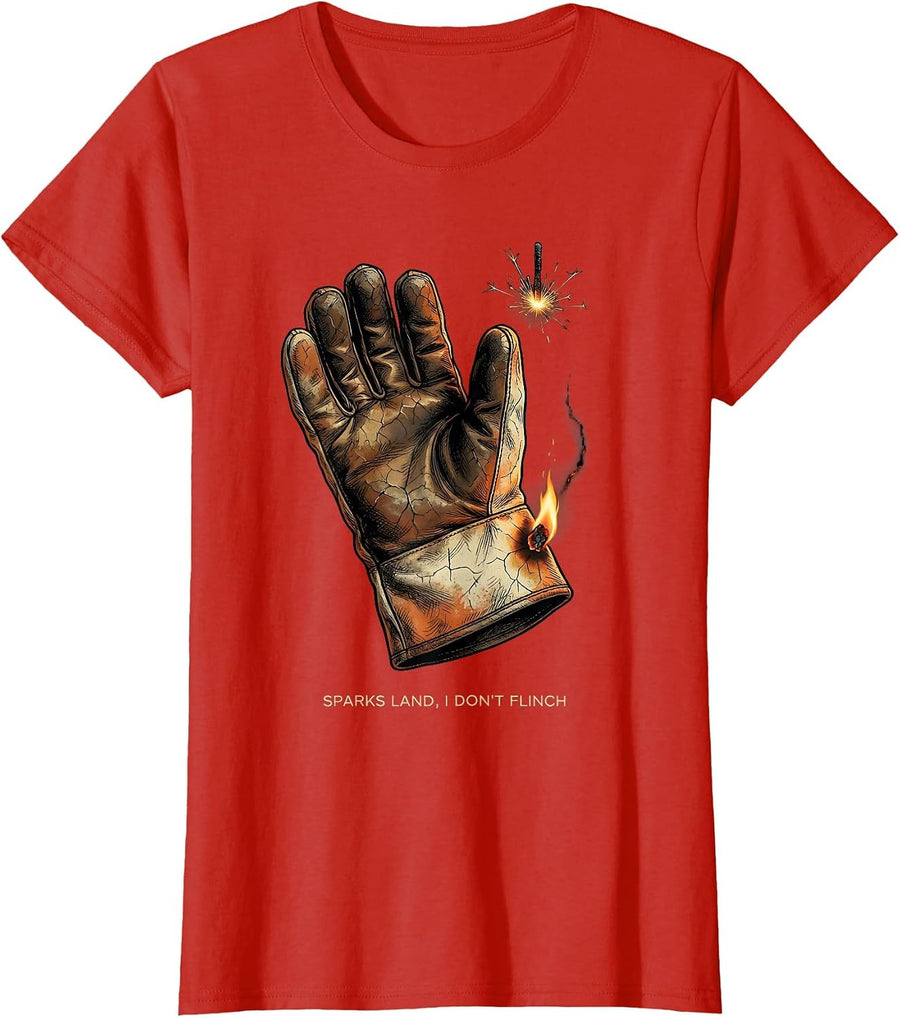 Women's Sparks Land, I Don't Flinch Funny Welder Metal Worker Humor T-Shirt - Red