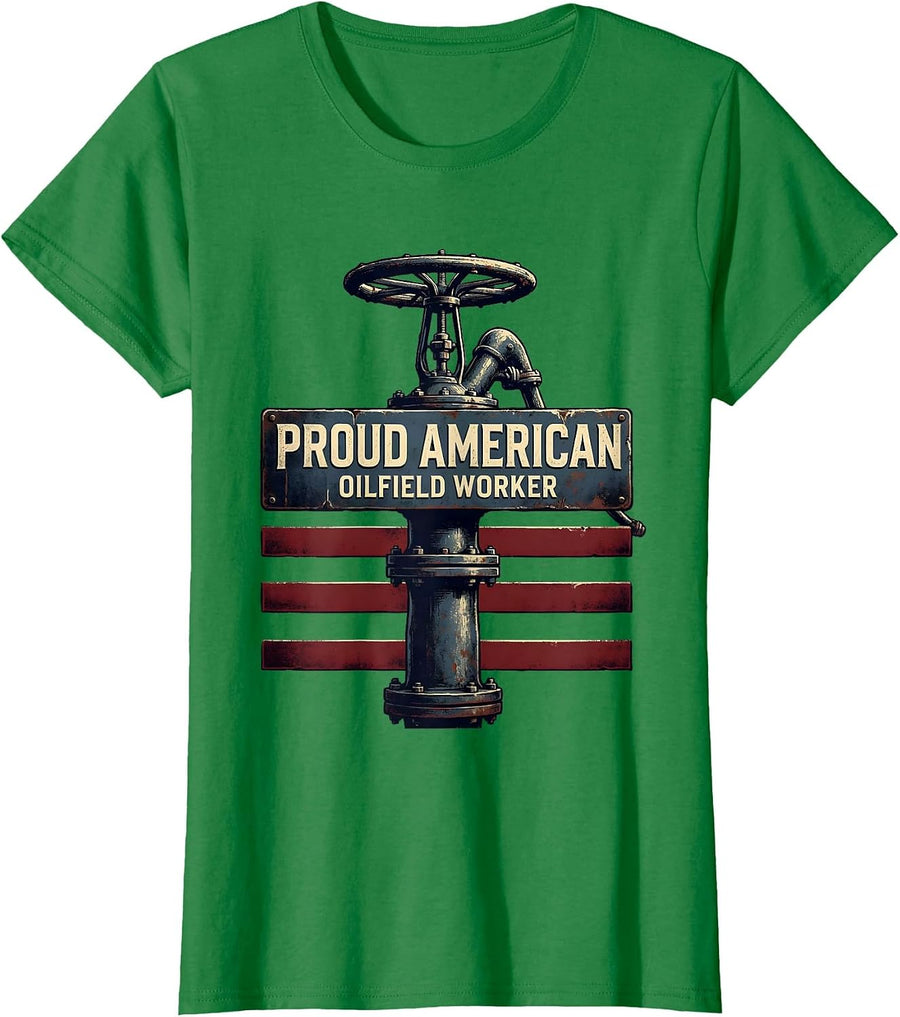 Women's Proud American Oilfield Worker Vintage Oil Rig USA Flag T-Shirt - Kelly Green