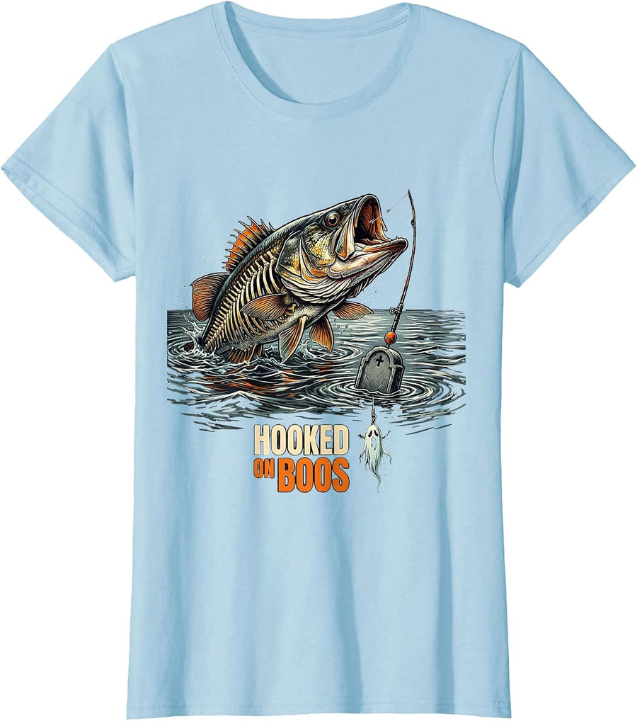 Women's Hooked on Boos Skeleton Bass Fishing Halloween Spooky T-Shirt - Baby Blue