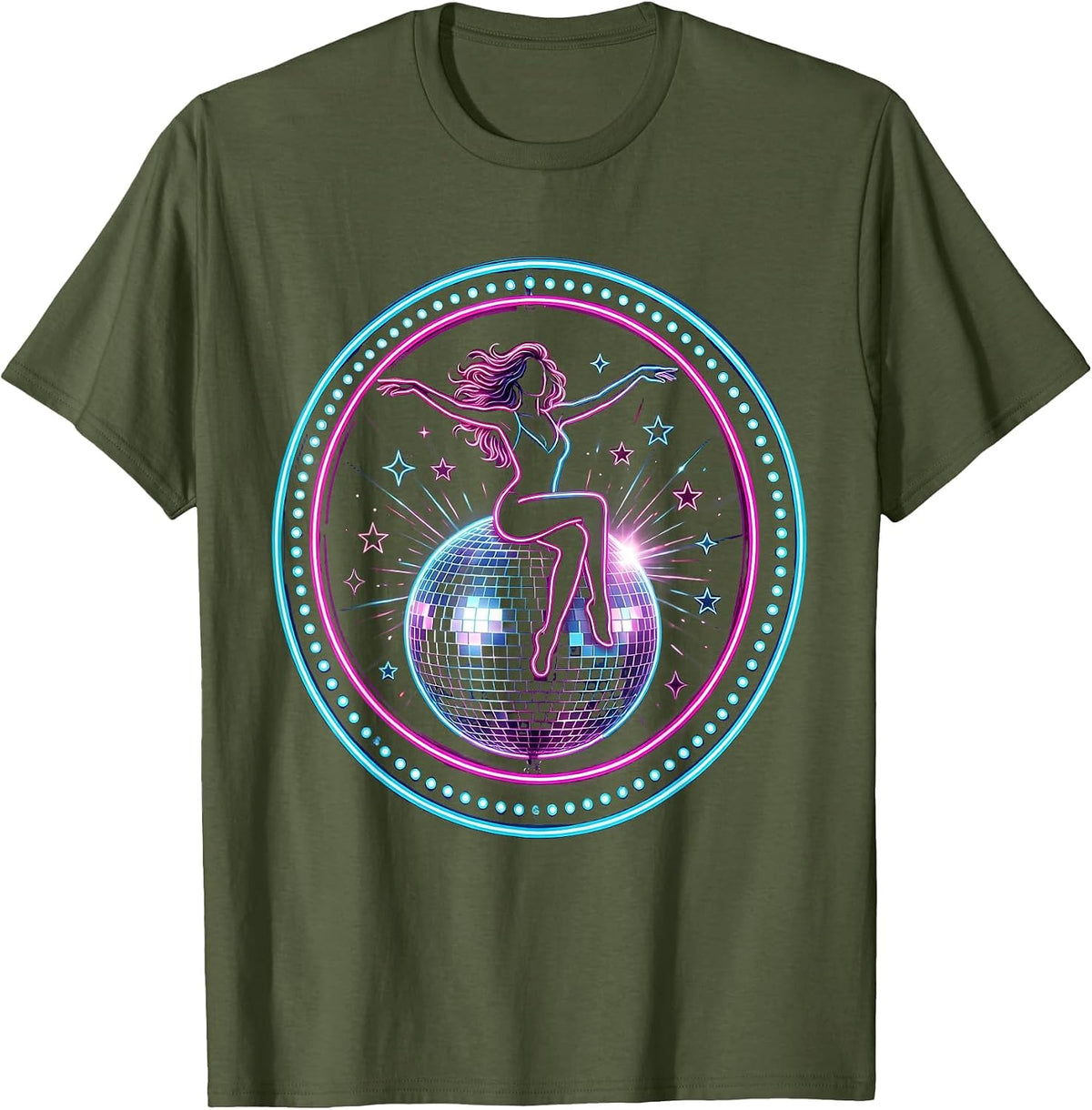 Disco Ball Rider Cosmic Groovy Retro Space Art T-Shirt - Olive Green