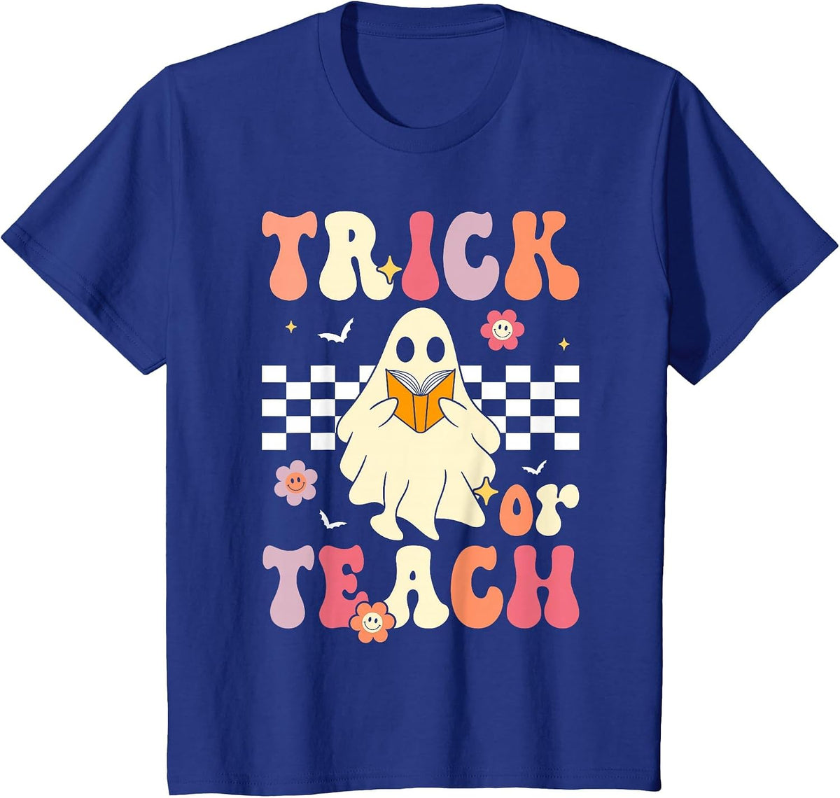 Groovy Teacher Halloween Retro Trick or Teach Floral Ghost T-Shirt - Royal Blue